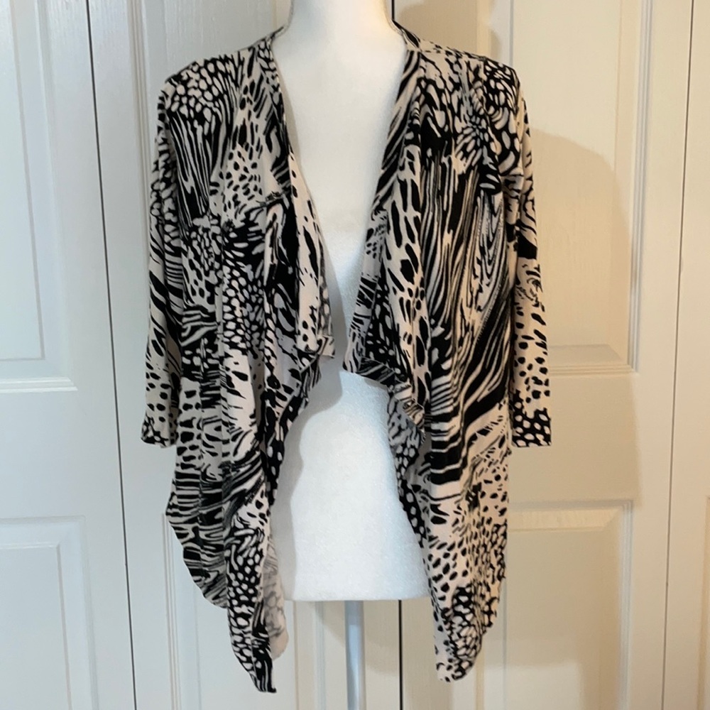 100% Silk- August silk Black and Cream Draped Animal-Print Open Cardigan